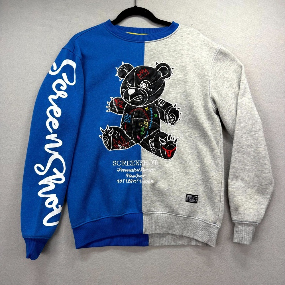 Screenshot F1113 Sweatshirts Mens Medium Gray Blue Teddy Bear Patchwork Crewneck